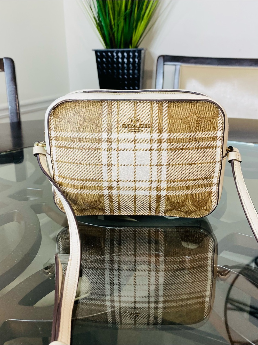 Coach Mini Camera Bag Signature Canvas Plaid Print Crossbody White Brown Gold